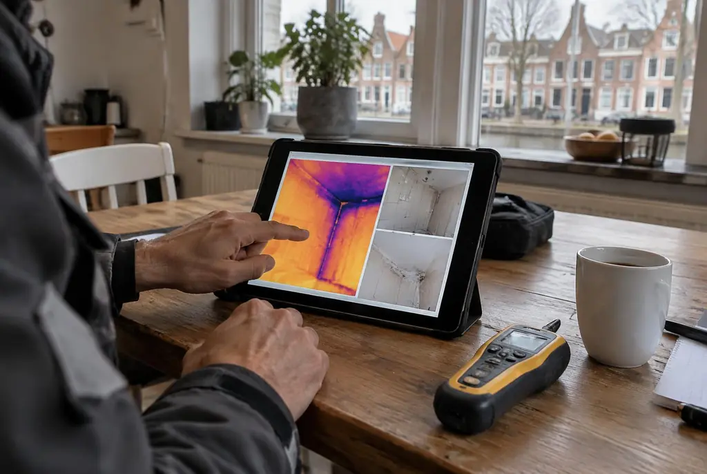 Lekdetectie Nieuwkoop – lekdetectierapport met warmtebeelden en foto's op een tablet