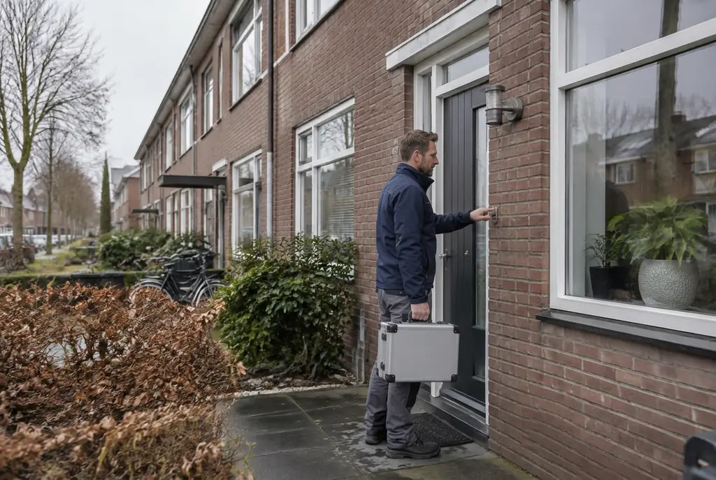 Lekdetectiespecialist met meetkoffer bij de voordeur van een woning in Nieuwkoop